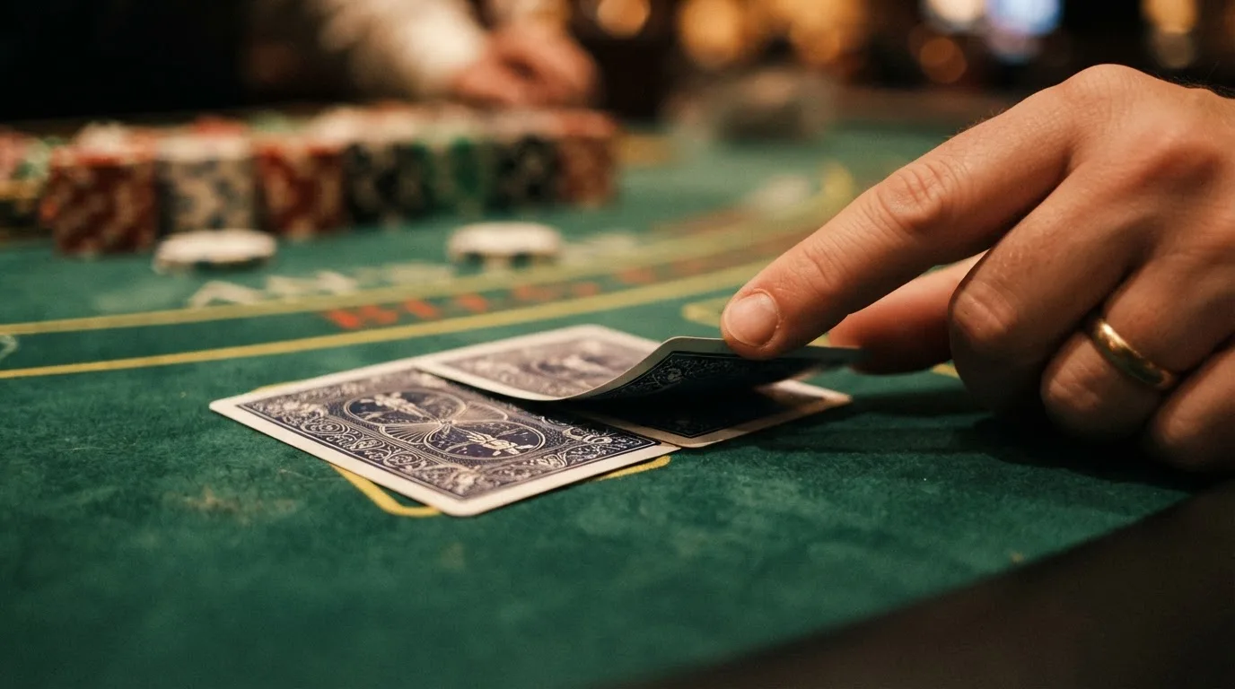 Mãos a espreitar duas cartas viradas para baixo numa mesa de feltro verde, com pilhas de fichas desfocadas ao lado.