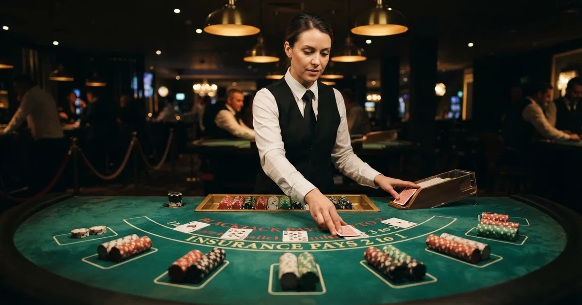 Croupier de colete preto a distribuir cartas numa mesa de blackjack semicircular, feltro verde, fichas empilhadas e iluminação baixa.
