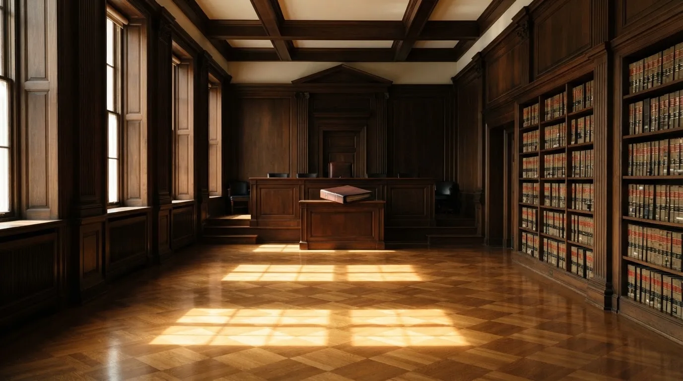 Sala de tribunal vazia com painéis de madeira, à luz da manhã — jogar no casino em portugal
