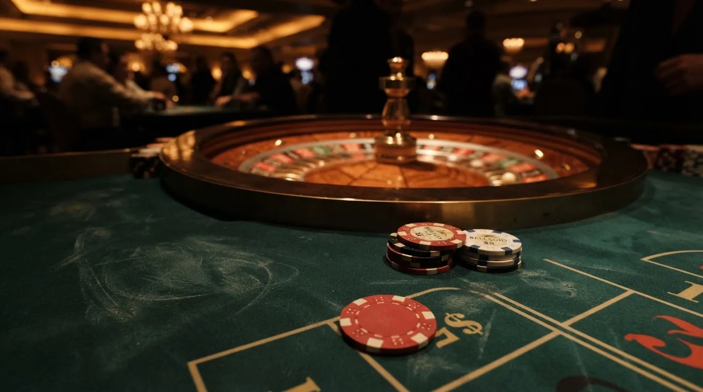 Roda de roleta e fichas sobre feltro verde, sob uma luz quente de fim de tarde — jogar no casino em portugal