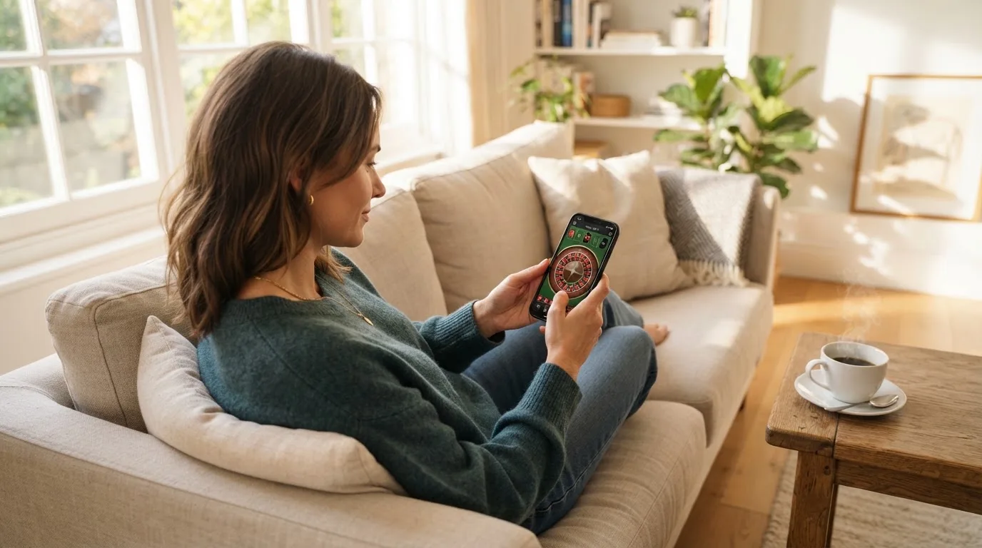 Mulher sentada num sofá a jogar roleta no telemóvel, com uma chávena de café na mesa e luz natural a entrar pela janela.