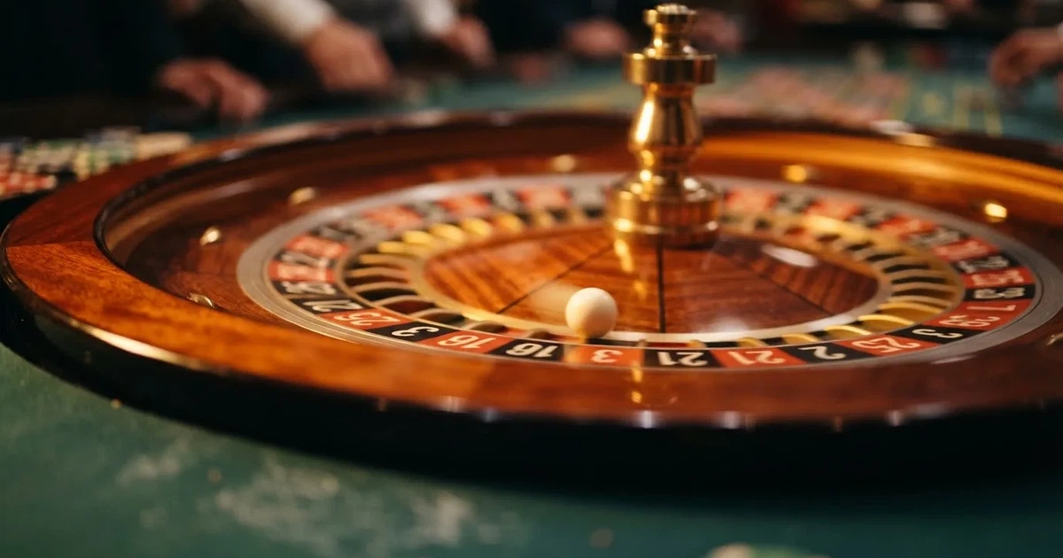 Grande plano de uma roda de roleta a girar, com a bola branca a saltar entre as casas vermelhas e pretas sob luz quente.