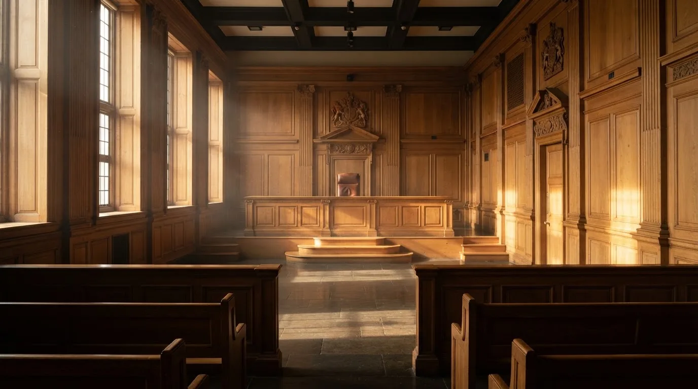 Sala de tribunal vazia com painéis de madeira, à luz da manhã — jogo de craps em portugal