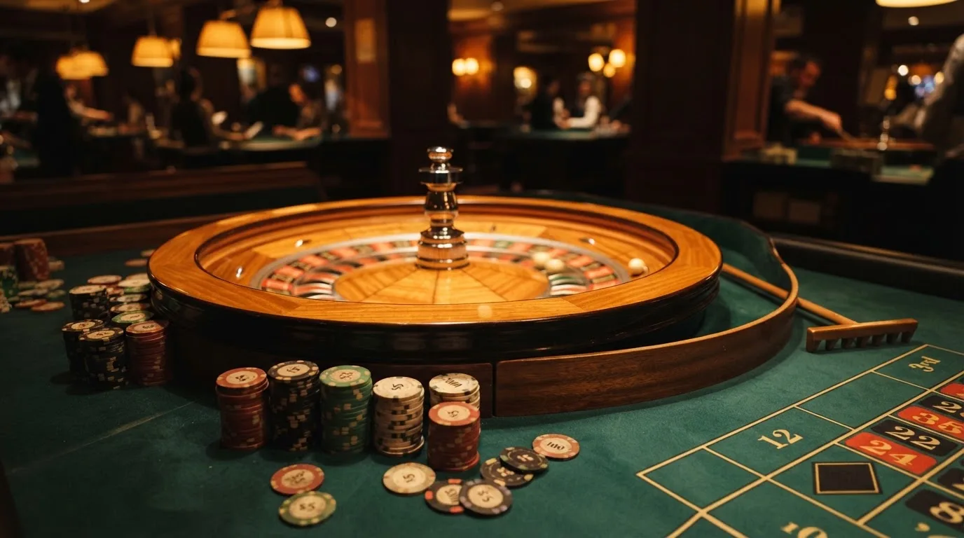 Roda de roleta e fichas sobre feltro verde, sob uma luz quente de fim de tarde — jogo de craps em portugal