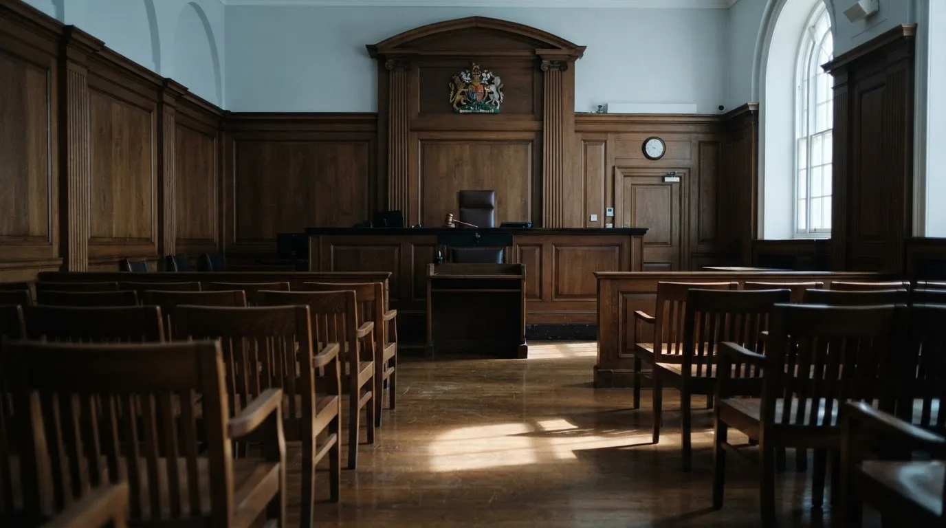 Sala de tribunal vazia com painéis de madeira, à luz da manhã — jogos de caça-níqueis em portugal
