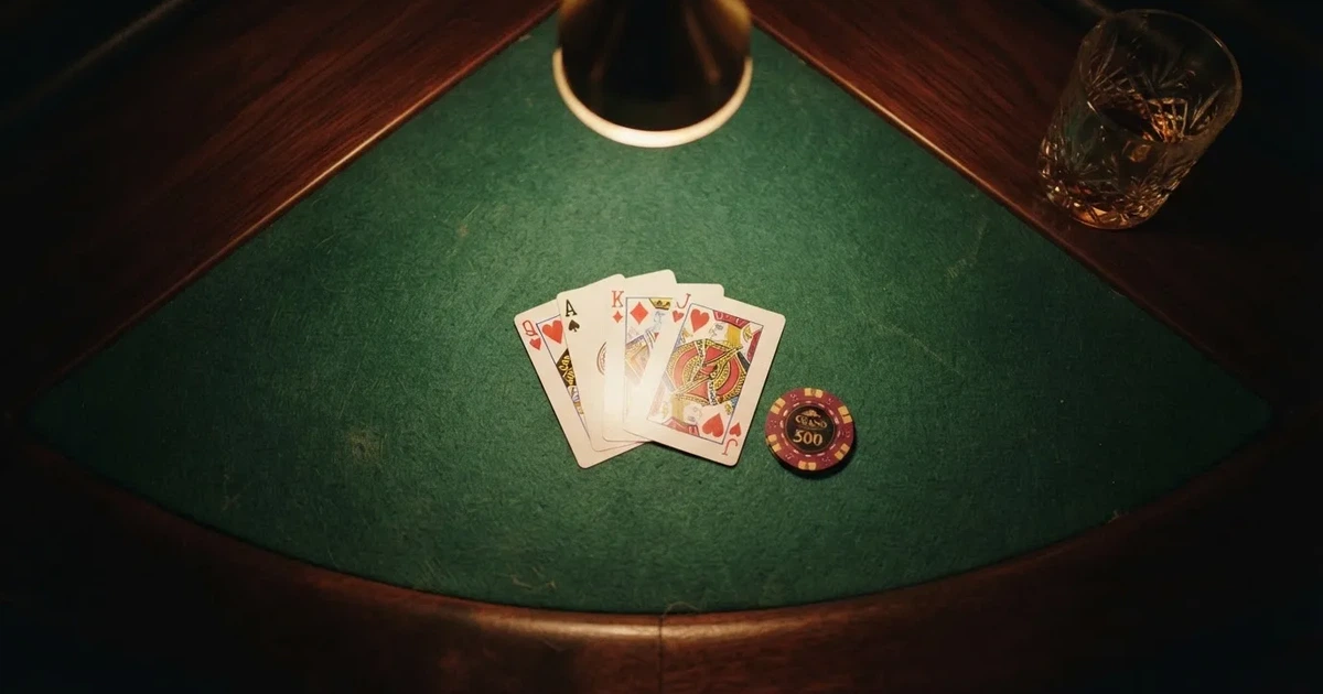 Mesa de jogo iluminada com cartas, vista de cima — jogos de caça-níqueis em portugal