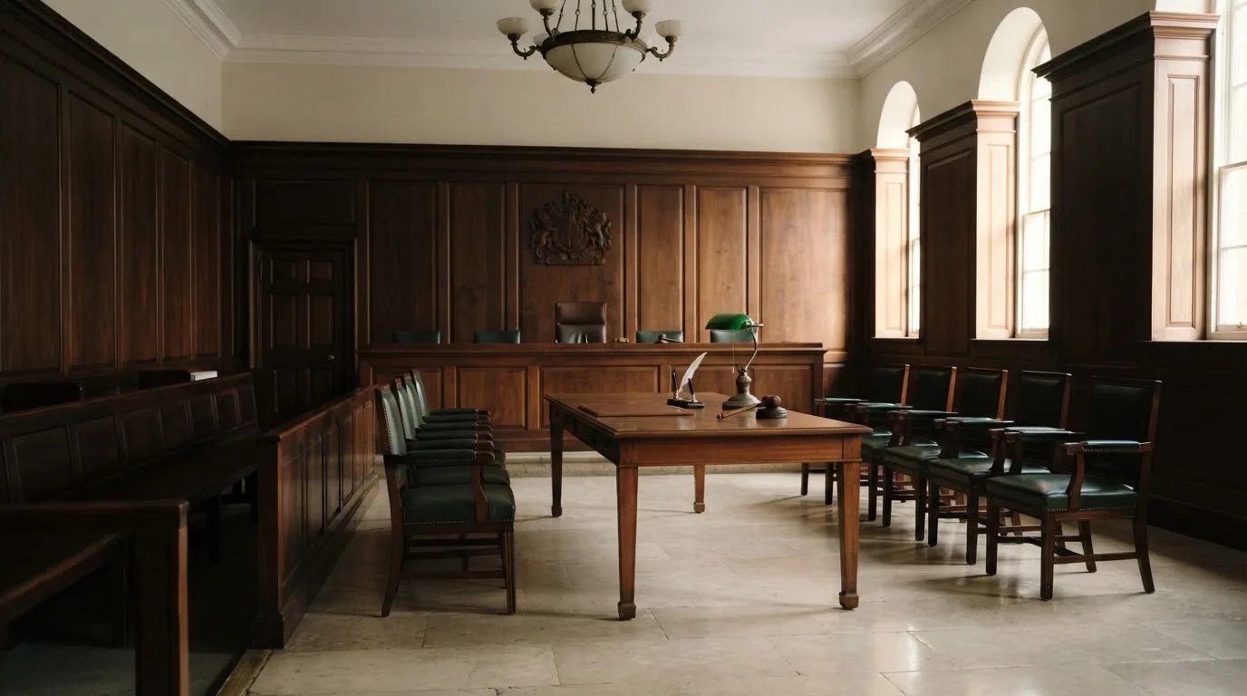Sala de tribunal vazia com painéis de madeira, à luz da manhã — jogos de casino em portugal