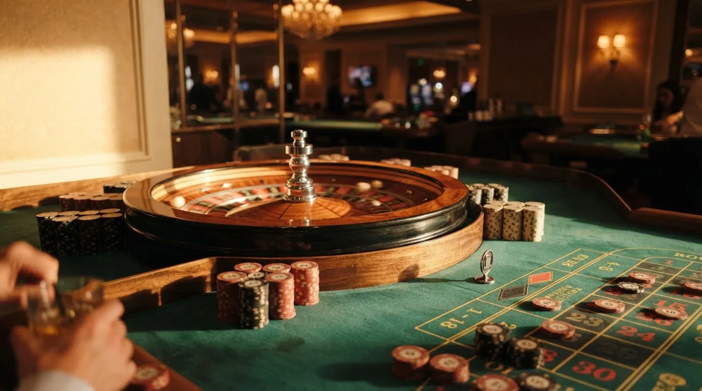 Roda de roleta e fichas sobre feltro verde, sob uma luz quente de fim de tarde — jogos de casino em portugal