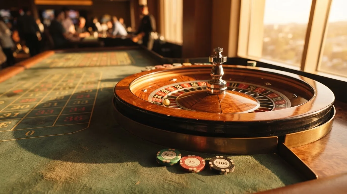Roda de roleta e fichas sobre feltro verde, sob uma luz quente de fim de tarde — jogos de casino grátis pt