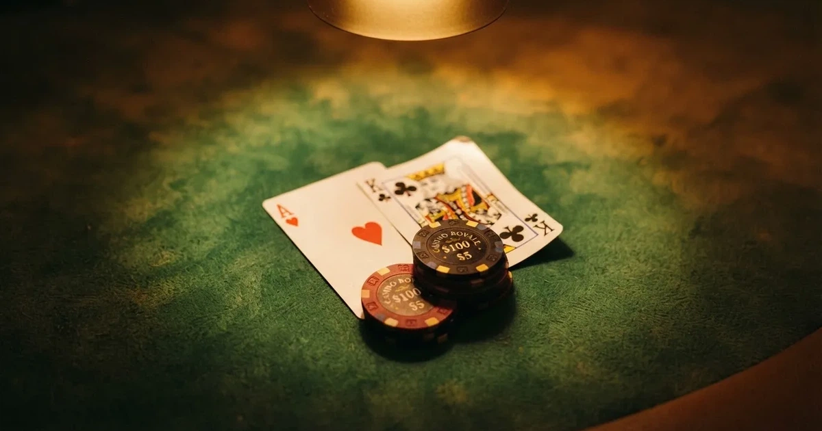 Mesa de jogo iluminada com cartas, vista de cima — jogos de casino grátis pt