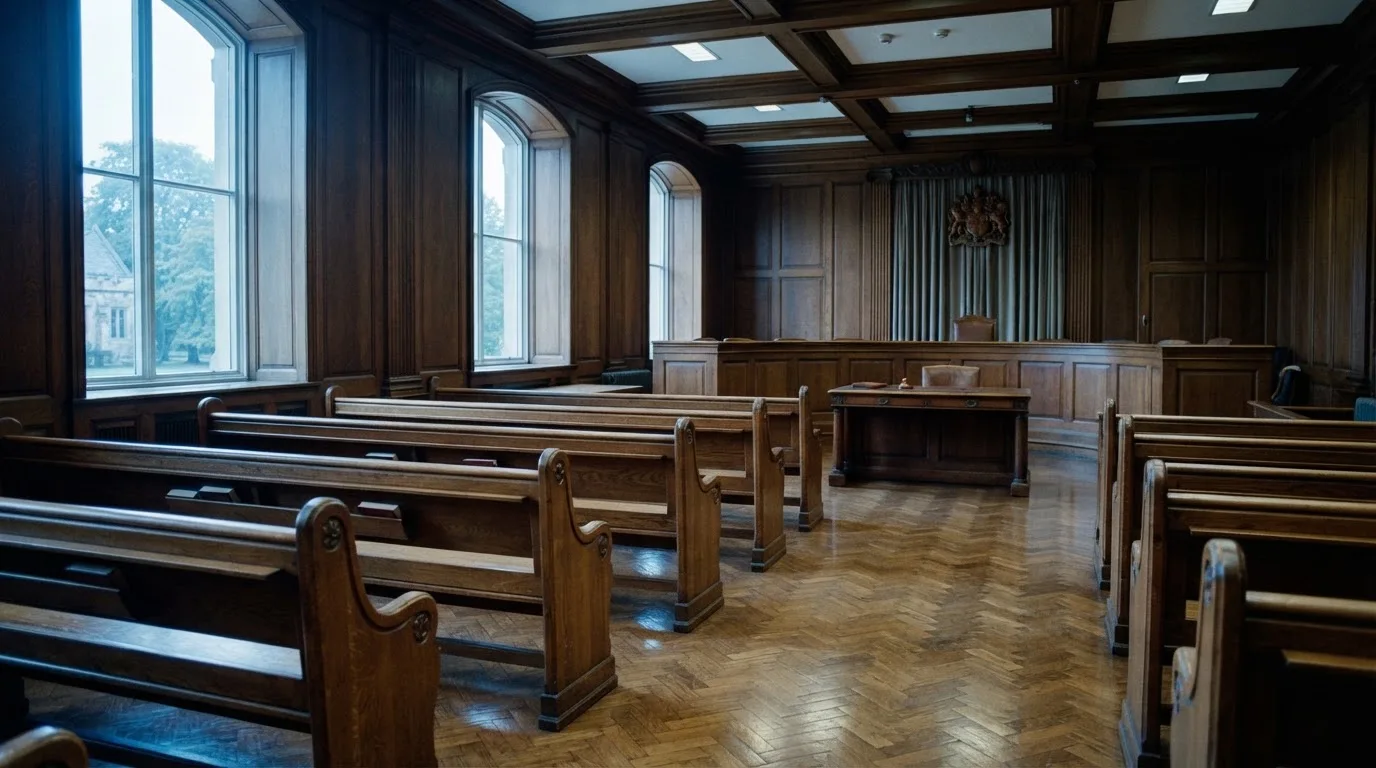 Sala de tribunal vazia com painéis de madeira, à luz da manhã — jogos de casino online pt