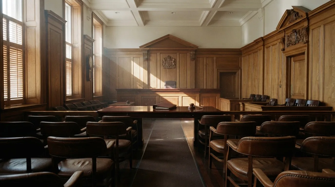 Sala de tribunal vazia com painéis de madeira, à luz da manhã — jogos de cassino em portugal