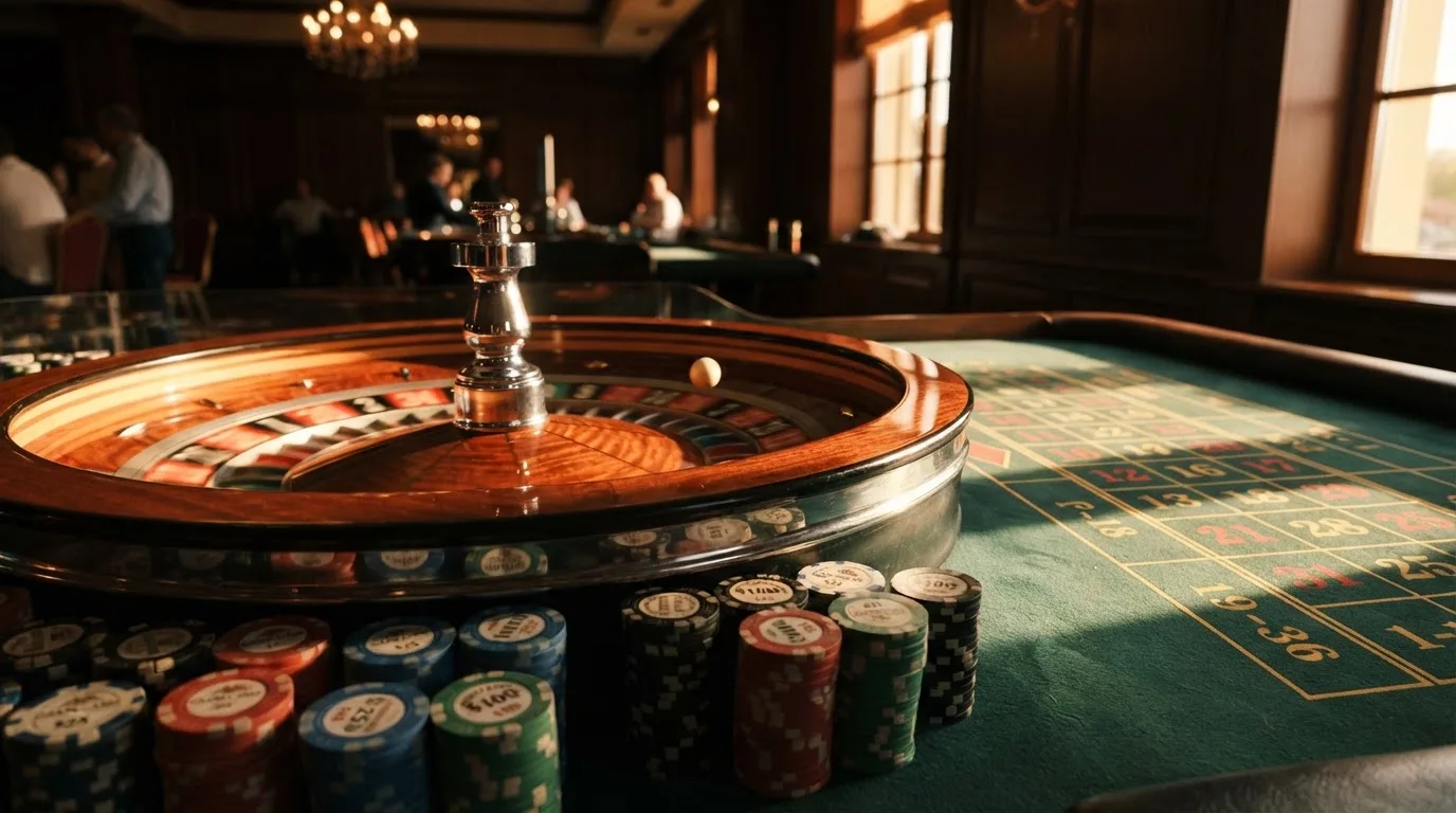 Roda de roleta e fichas sobre feltro verde, sob uma luz quente de fim de tarde — jogos de roleta em casino pt