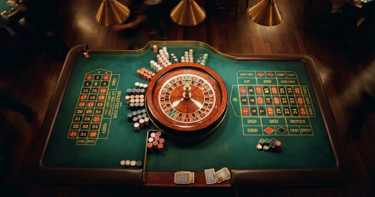 Mesa de jogo iluminada com cartas, vista de cima — jogos de roleta em casino pt