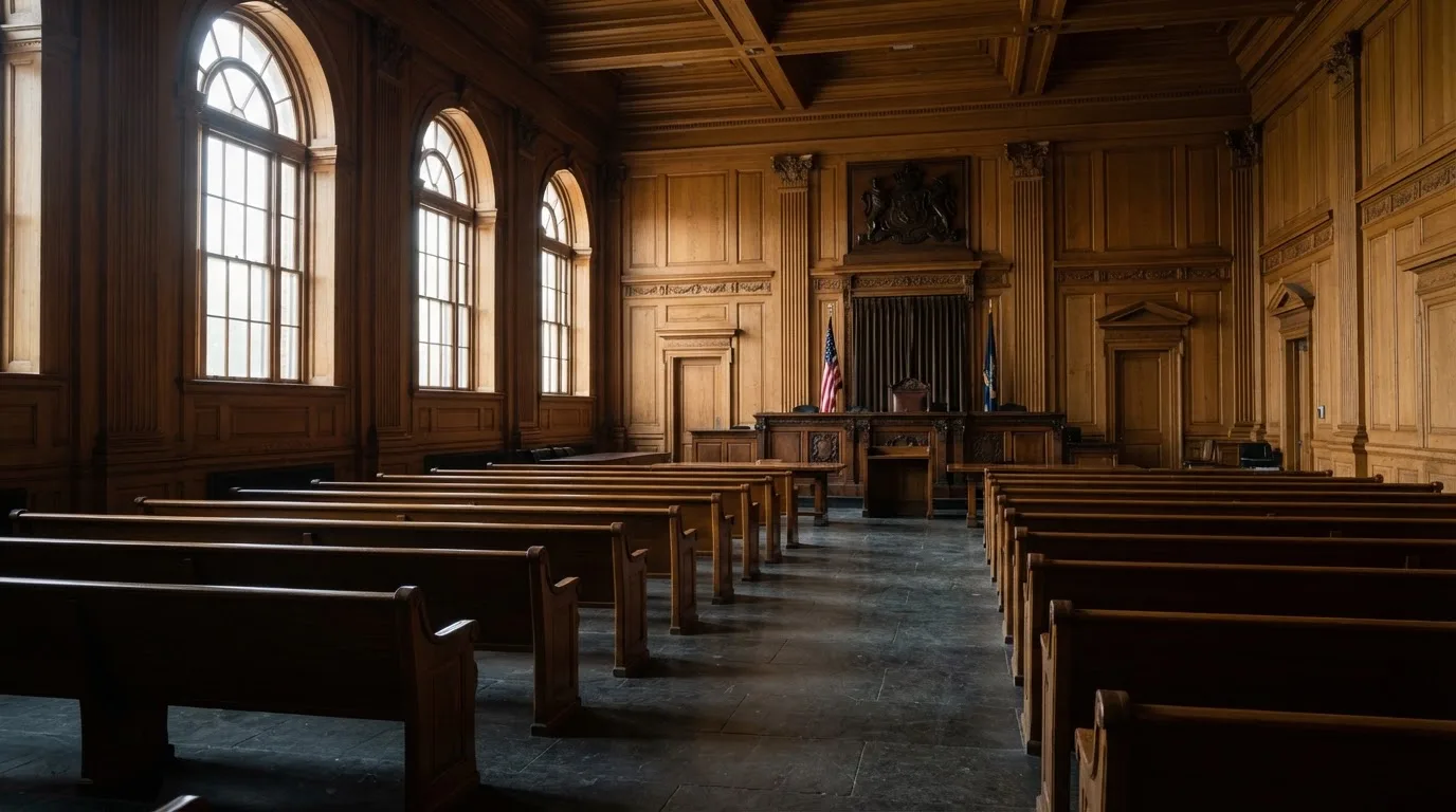 Sala de tribunal vazia com painéis de madeira, à luz da manhã — jogos de slots em portugal