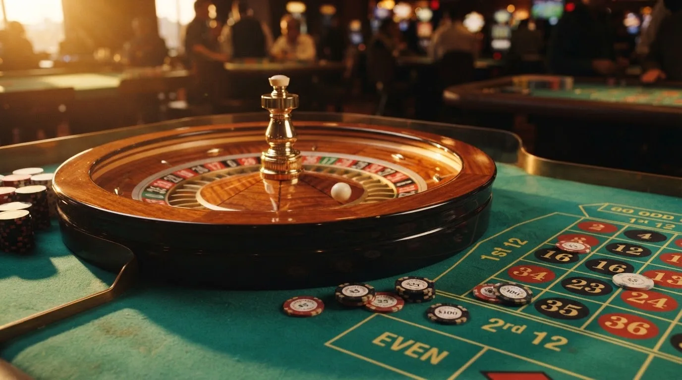 Roda de roleta e fichas sobre feltro verde, sob uma luz quente de fim de tarde — jogos de slots em portugal