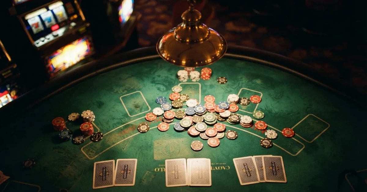 Mesa de jogo iluminada com cartas, vista de cima — jogos de slots em portugal