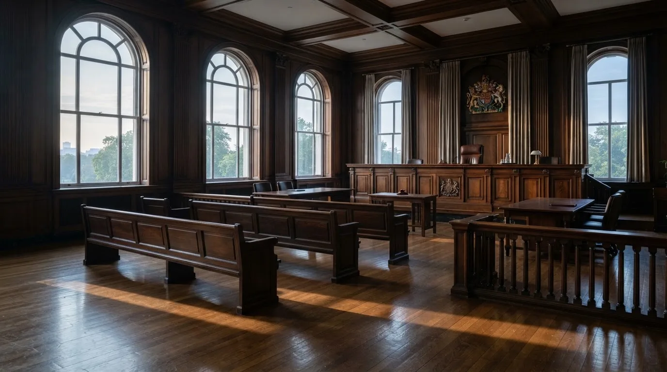 Sala de tribunal vazia com painéis de madeira, à luz da manhã — keno em cassino pt