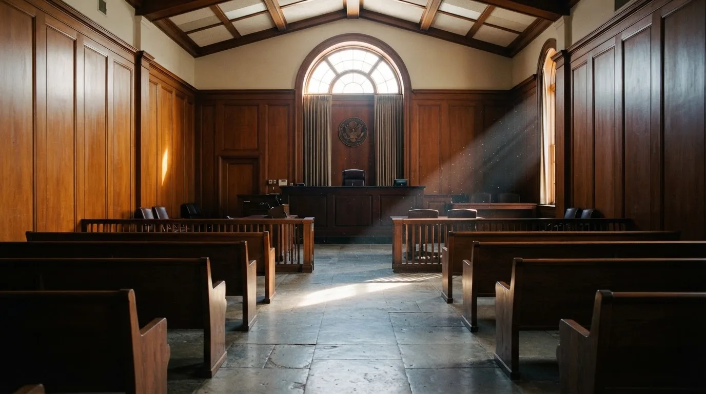 Sala de tribunal vazia com painéis de madeira, à luz da manhã — live casinos em portugal