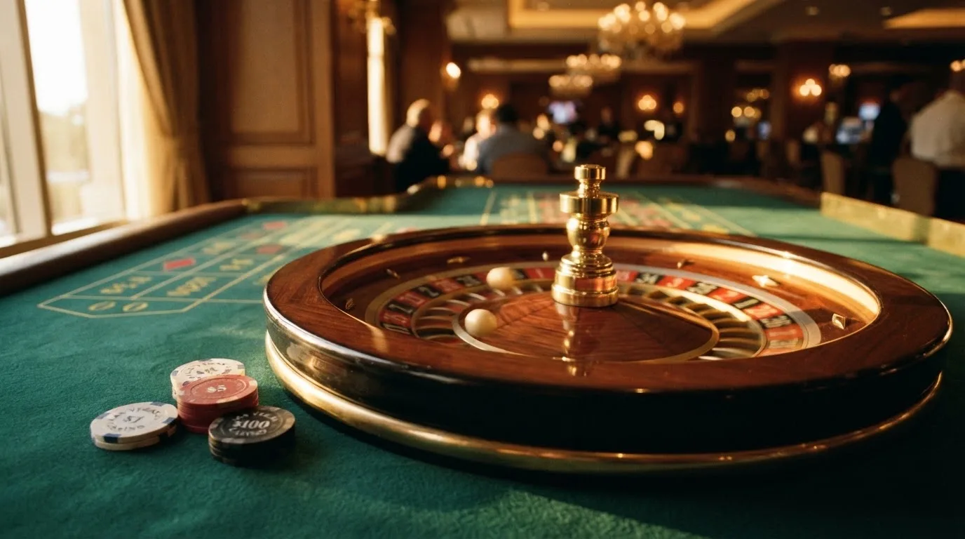 Roda de roleta e fichas sobre feltro verde, sob uma luz quente de fim de tarde — live casinos em portugal