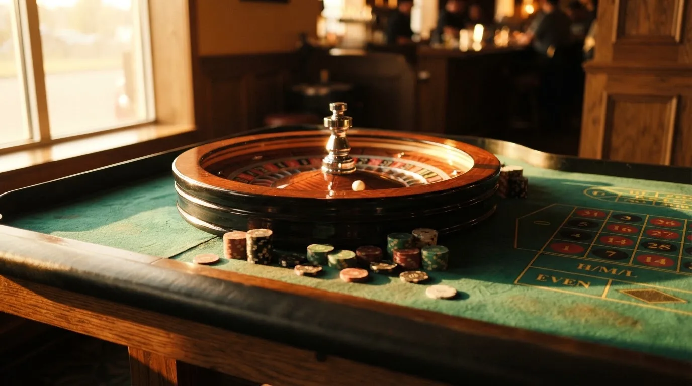 Roda de roleta e fichas sobre feltro verde, sob uma luz quente de fim de tarde — máquinas de casino em portugal