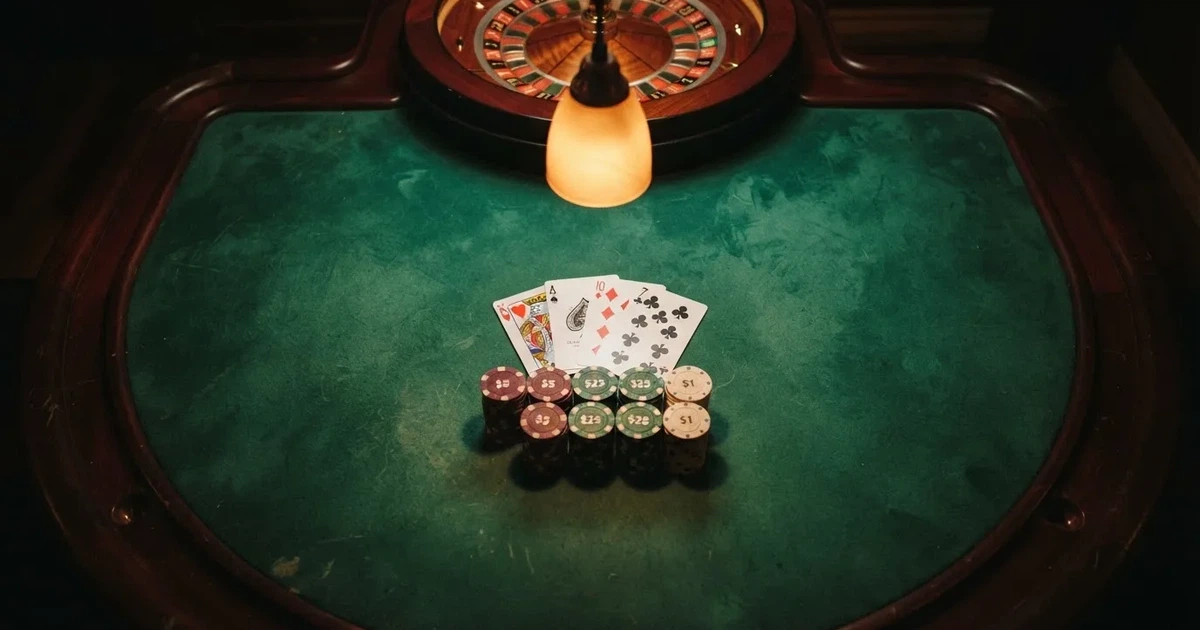 Mesa de jogo iluminada com cartas, vista de cima — máquinas de casino em portugal