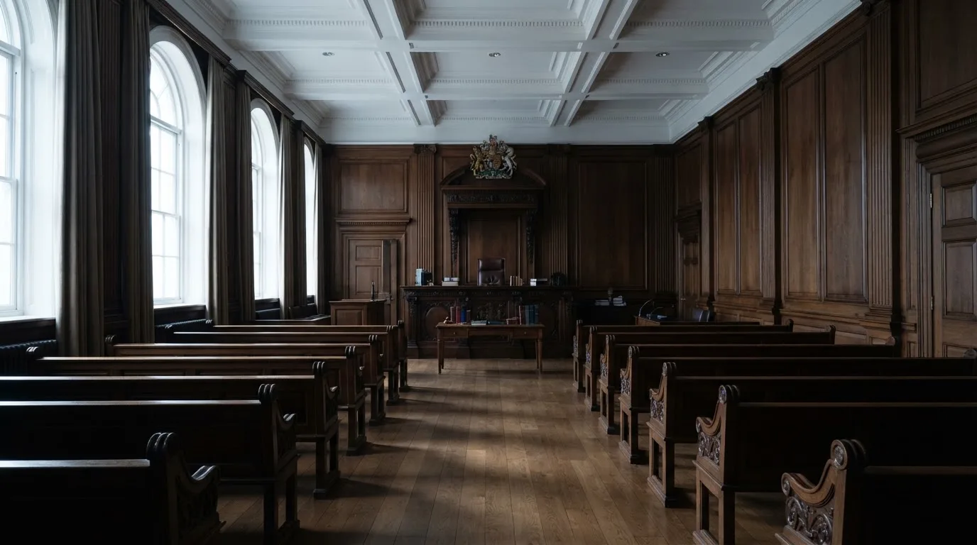 Sala de tribunal vazia com painéis de madeira, à luz da manhã — melhor blackjack em portugal