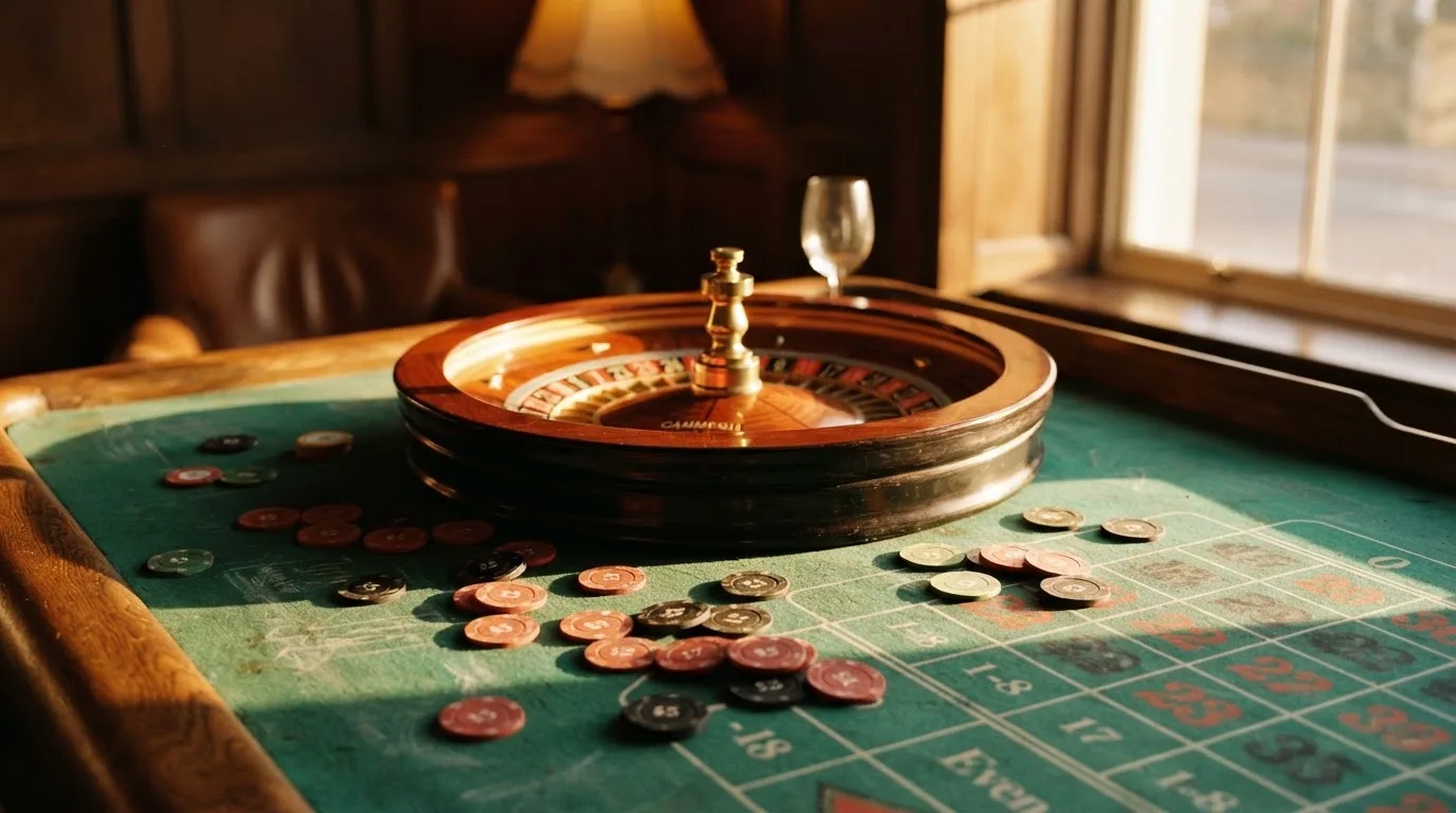 Roda de roleta e fichas sobre feltro verde, sob uma luz quente de fim de tarde — melhor blackjack em portugal