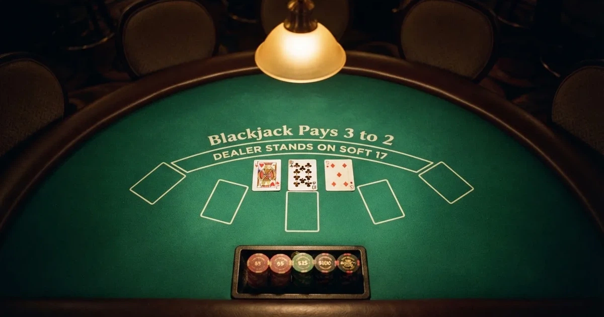 Mesa de jogo iluminada com cartas, vista de cima — melhor blackjack em portugal