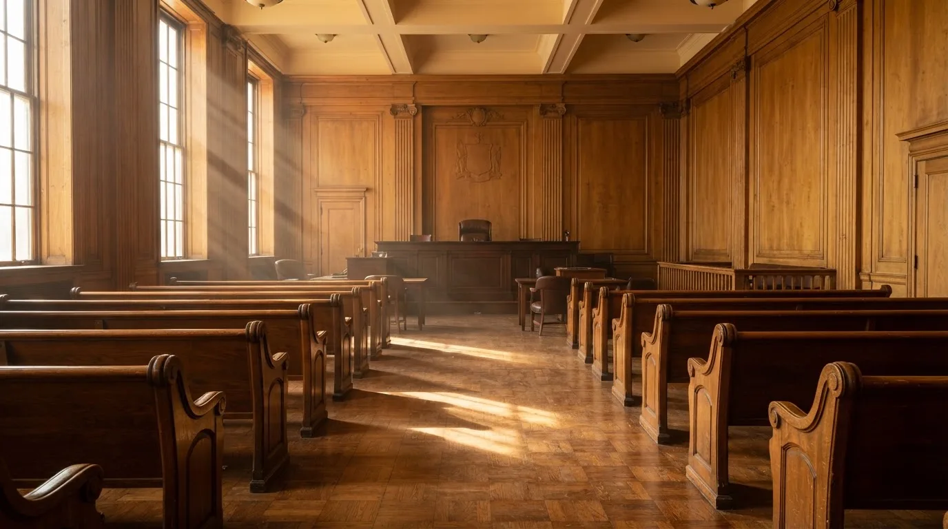 Sala de tribunal vazia com painéis de madeira, à luz da manhã — melhor roleta em portugal