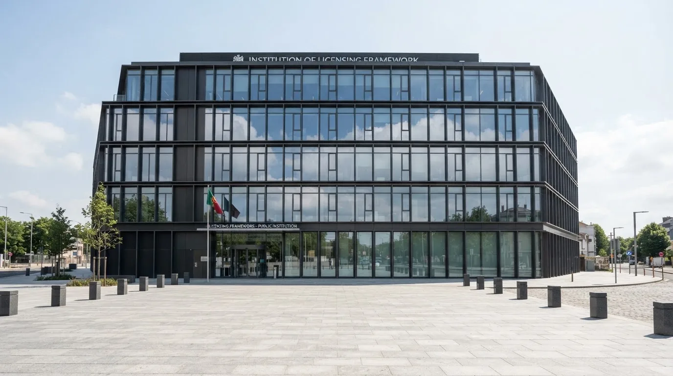 Edifício de escritórios de um organismo público em Lisboa, visto da rua, com vidros espelhados a refletir o céu e uma bandeira.