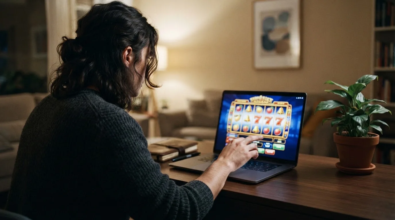 Pessoa a explorar um casino online no portátil numa mesa de sala, com bloco de notas fechado e uma planta ao lado.