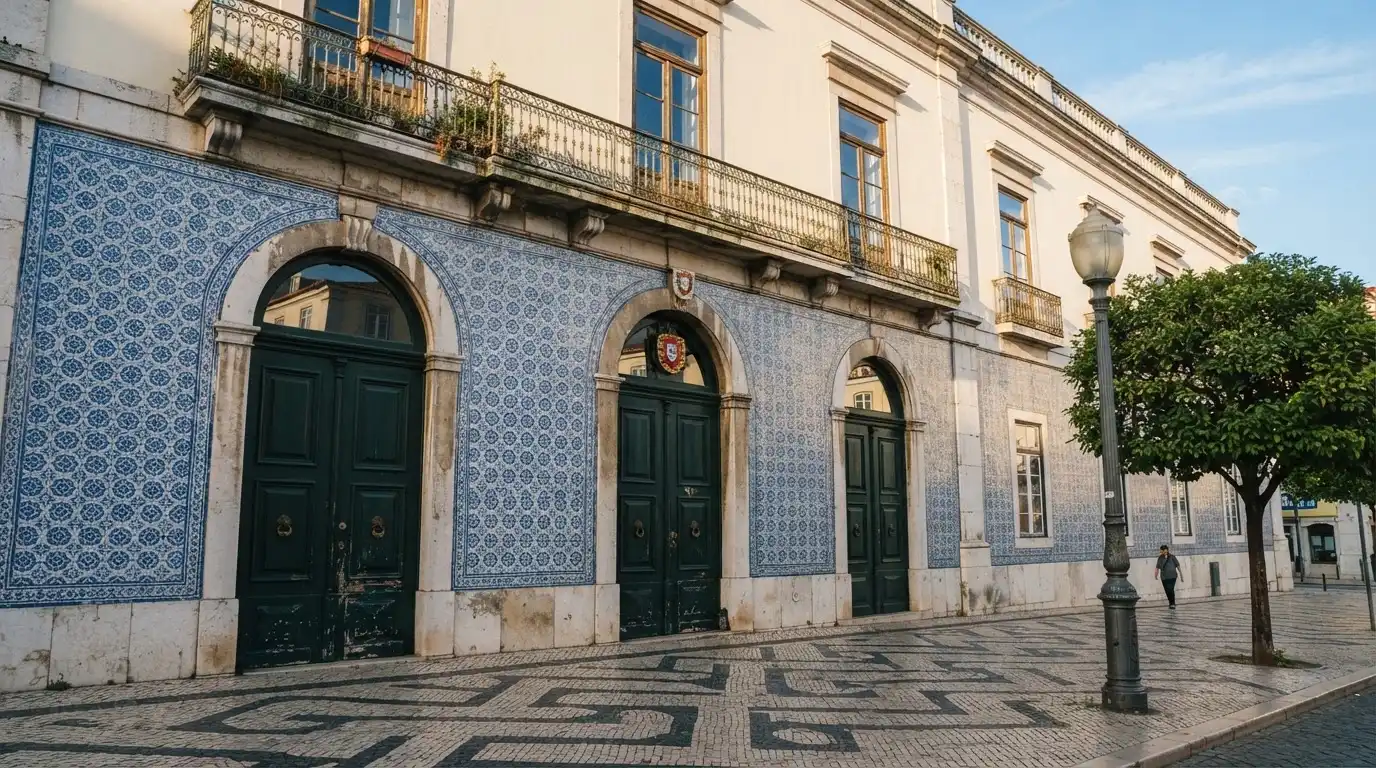 Fachada de um edifício oficial lisboeta com azulejos e portas altas, rua em calçada portuguesa e um candeeiro antigo.
