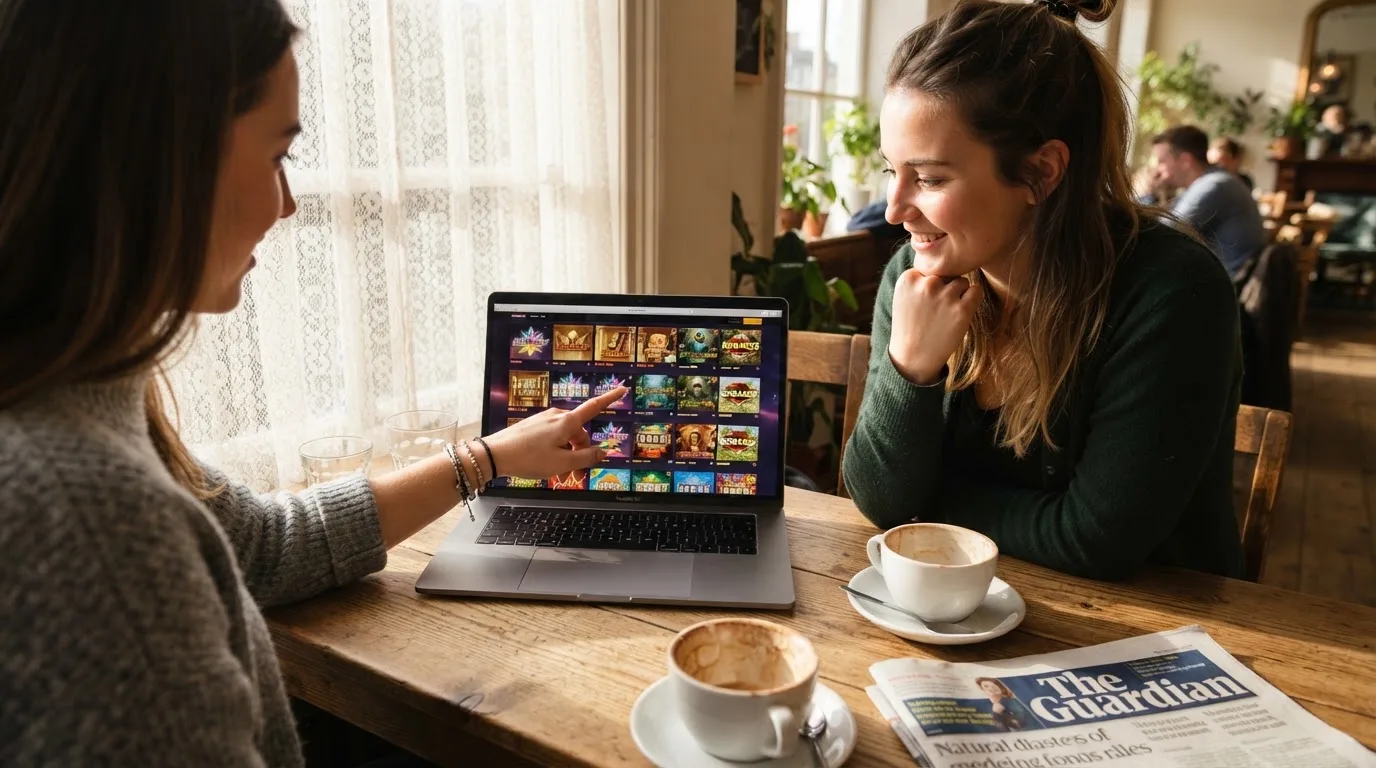 Duas pessoas a comparar opções à mesa de um café, com portátil aberto e dois cafés, luz natural de janela.