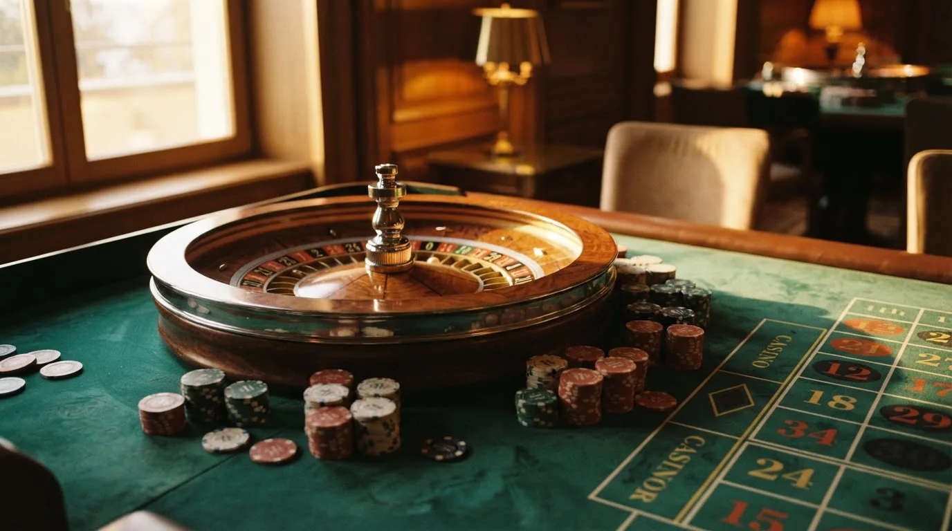Roda de roleta e fichas sobre feltro verde, sob uma luz quente de fim de tarde — mesas de casino em portugal