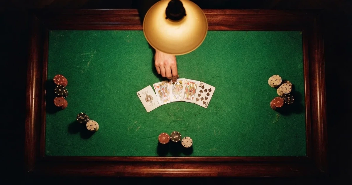 Mesa de jogo iluminada com cartas, vista de cima — mesas de casino em portugal