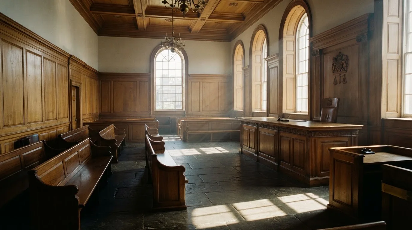 Sala de tribunal vazia com painéis de madeira, à luz da manhã — novo casino em portugal