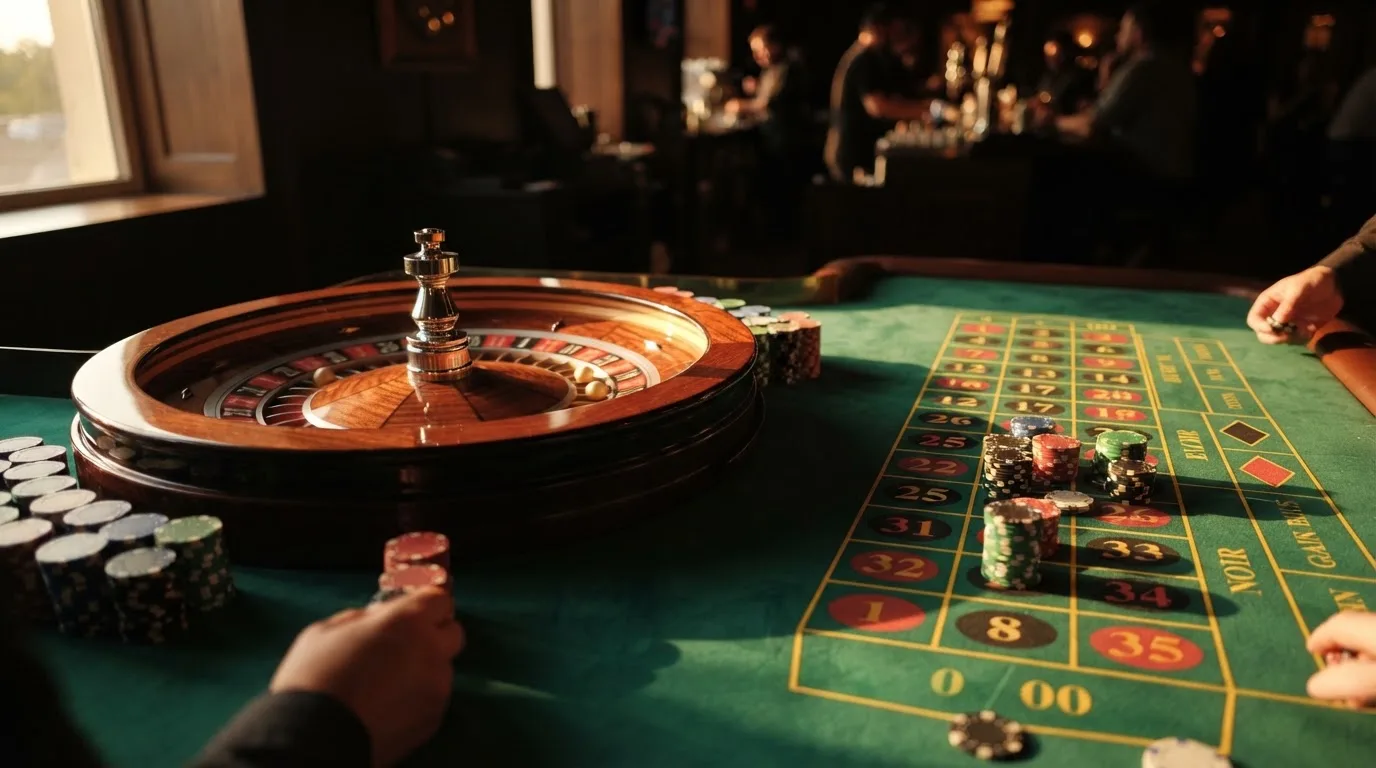 Roda de roleta e fichas sobre feltro verde, sob uma luz quente de fim de tarde — novo casino em portugal