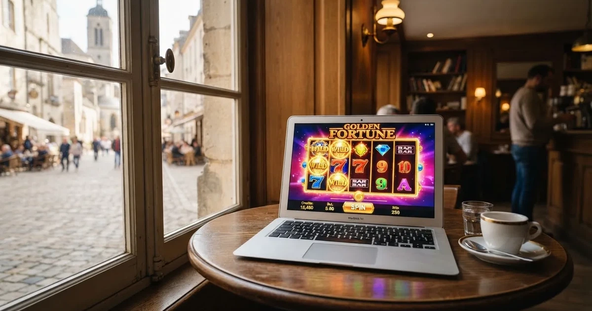 Computador portátil numa mesa de café junto a uma janela virada para a rua — novo casino em portugal