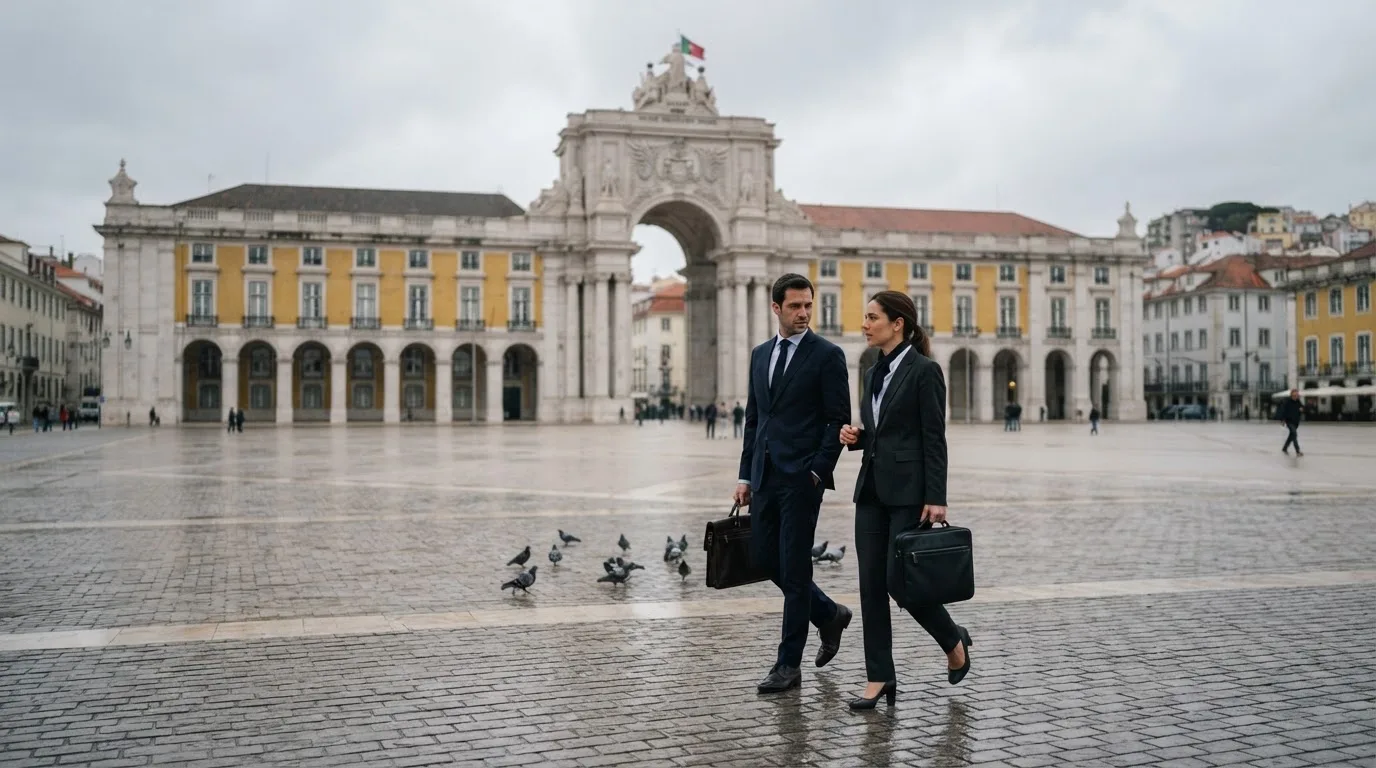 Pessoas de fato a caminhar à frente de um edifício de serviços públicos em Lisboa, com pasta na mão e céu nublado.