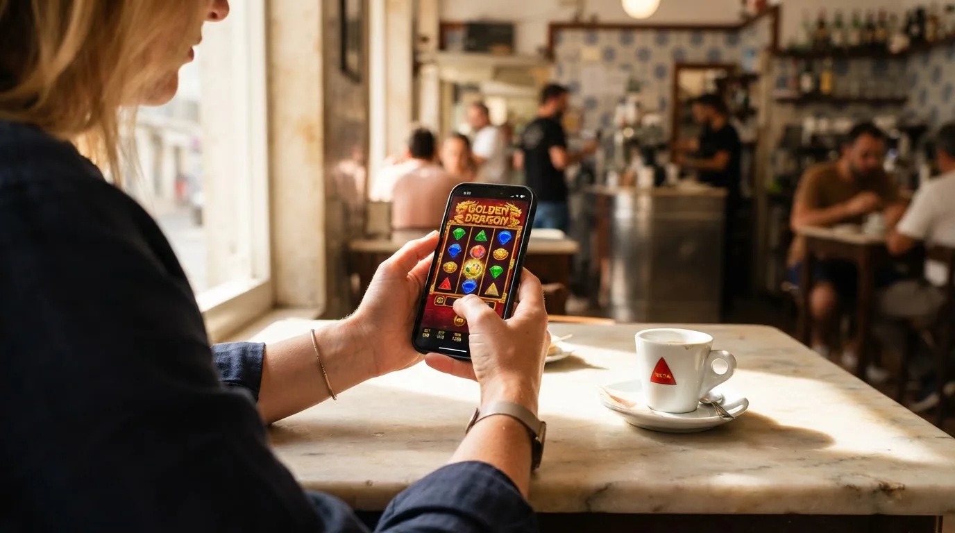 Pessoa a explorar jogos no telemóvel num café, com uma bica na mesa e luz de manhã a entrar pela montra.