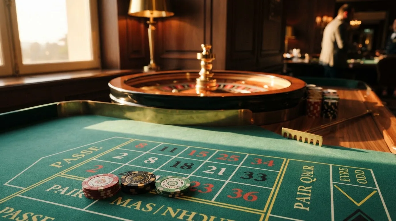 Roda de roleta e fichas sobre feltro verde, sob uma luz quente de fim de tarde — ofertas de casino em portugal