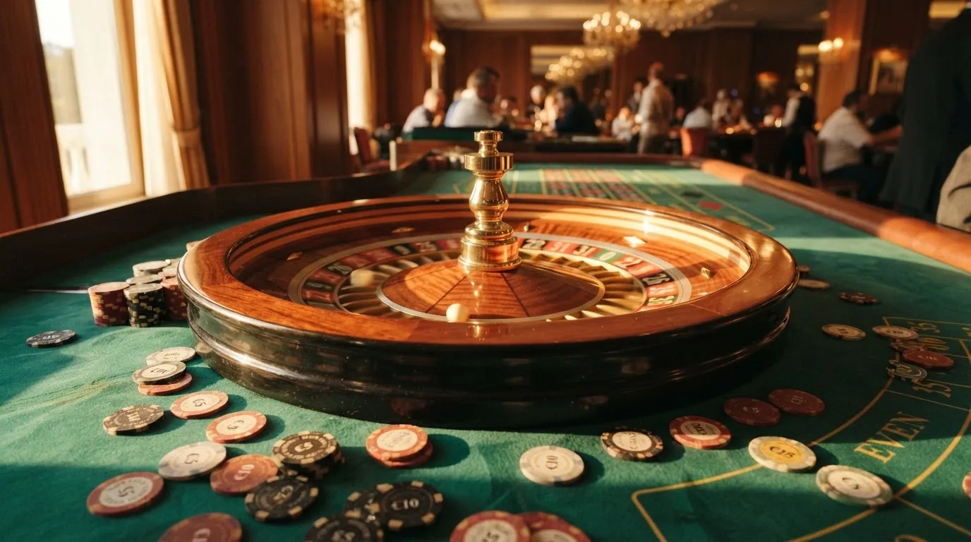 Roda de roleta e fichas sobre feltro verde, sob uma luz quente de fim de tarde — online casino bónus para os portugueses