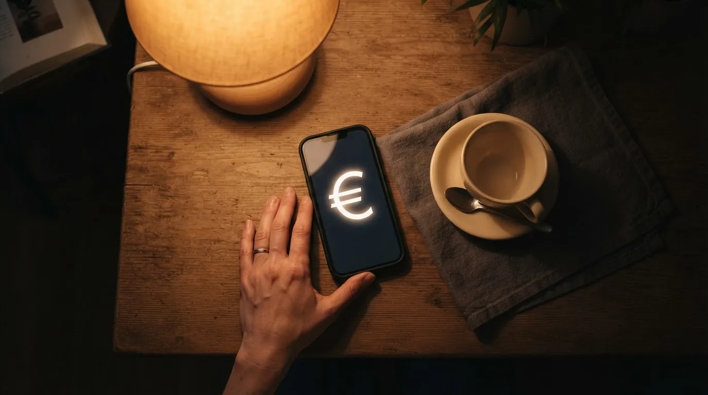 Mão a segurar um telemóvel ao lado de uma chávena de chá numa mesa de cozinha, numa noite tranquila — online casinos em portugal