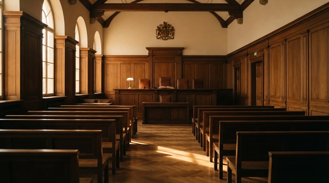 Sala de tribunal vazia com painéis de madeira, à luz da manhã — online casinos em portugal