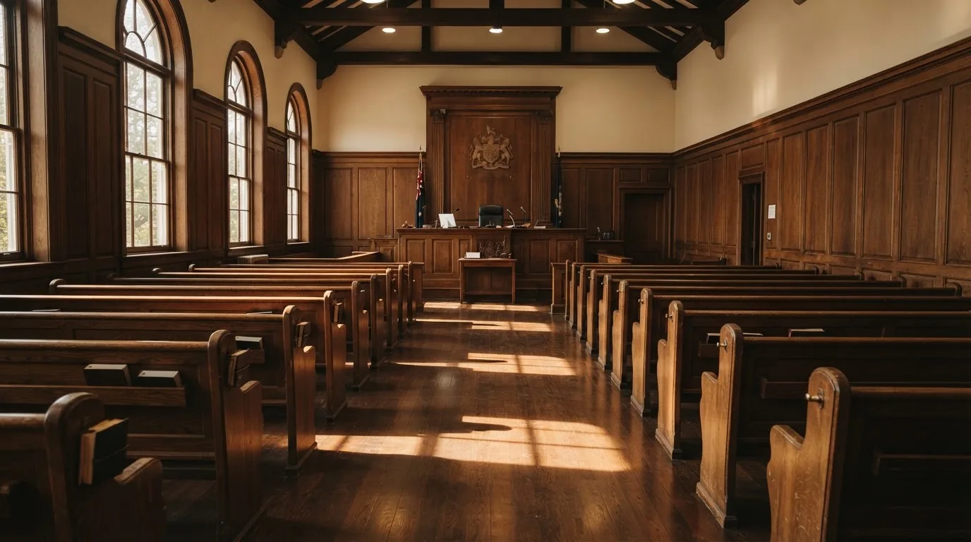 Sala de tribunal vazia com painéis de madeira, à luz da manhã — páginas de casino em portugal