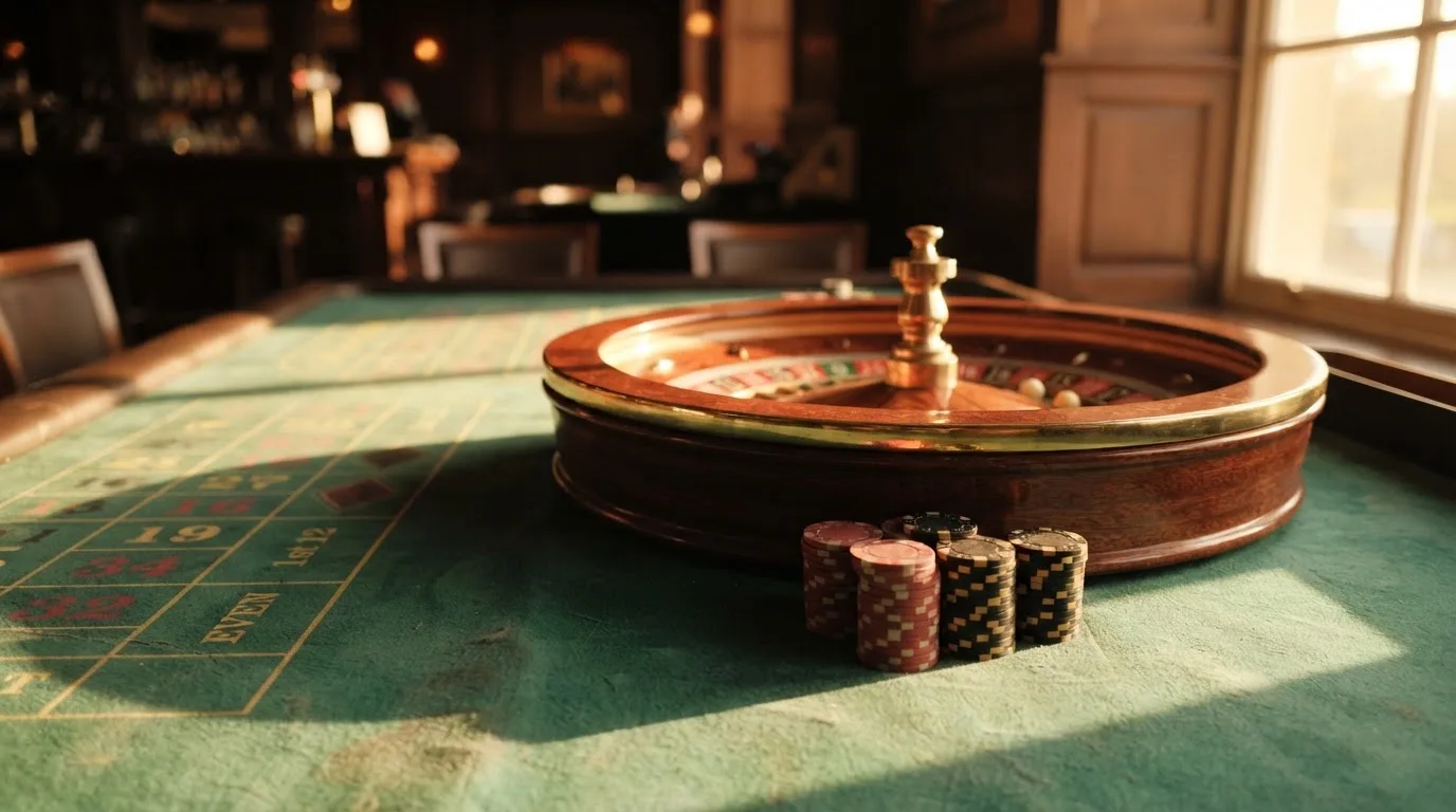 Roda de roleta e fichas sobre feltro verde, sob uma luz quente de fim de tarde — páginas de casino em portugal