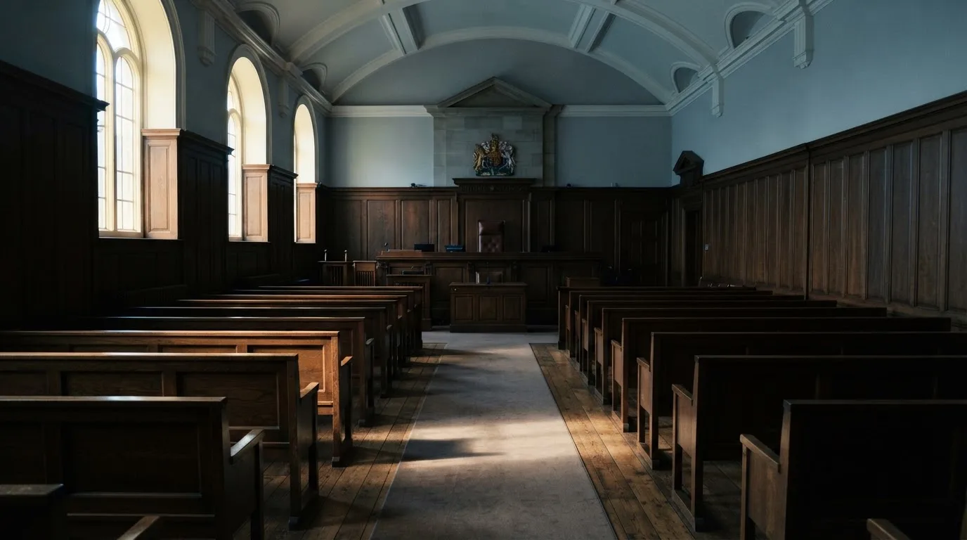 Sala de tribunal vazia com painéis de madeira, à luz da manhã — probabilidades de roleta pt