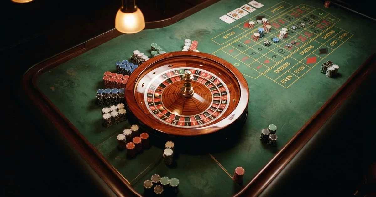 Mesa de jogo iluminada com cartas, vista de cima — probabilidades de roleta pt