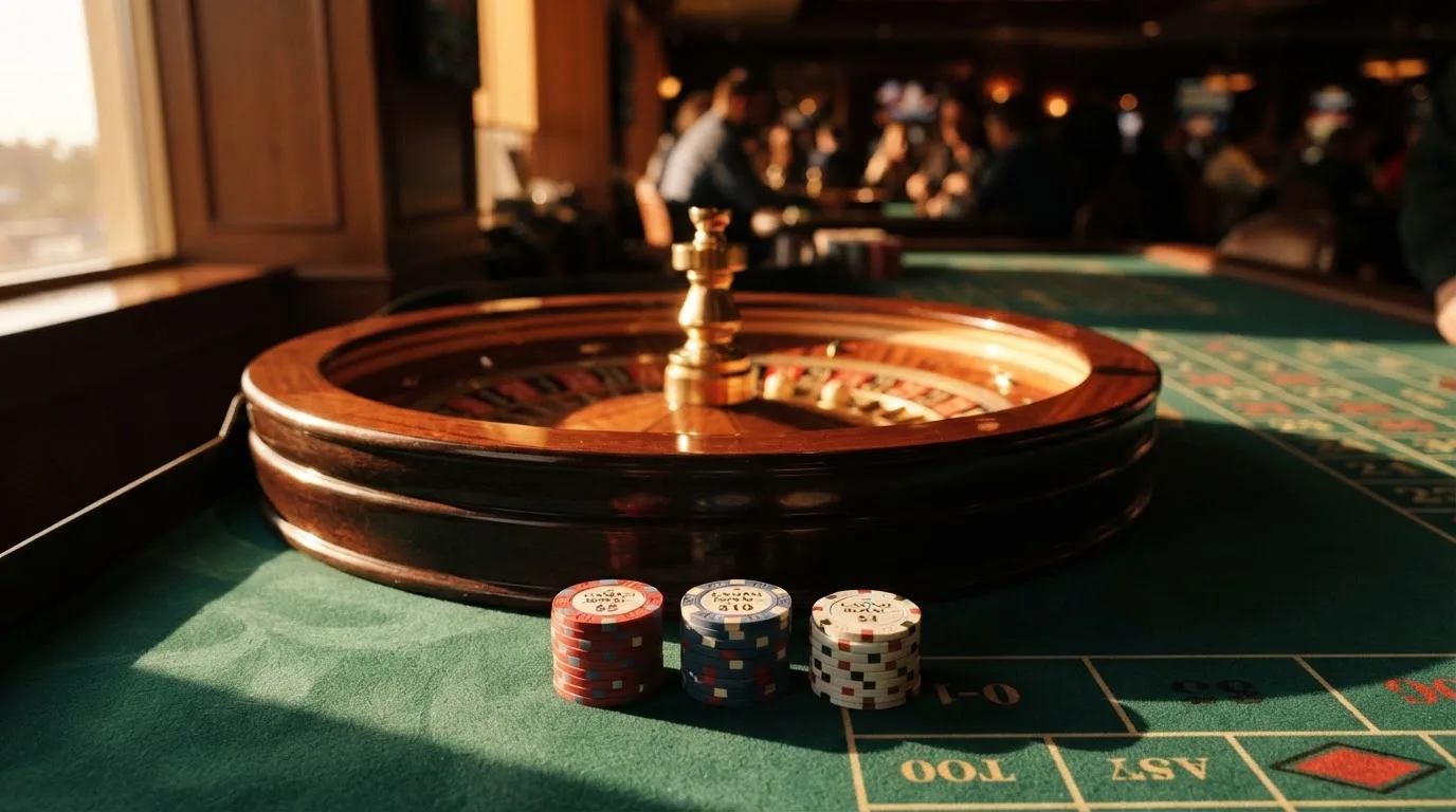 Roda de roleta e fichas sobre feltro verde, sob uma luz quente de fim de tarde — promoções de casino em portugal